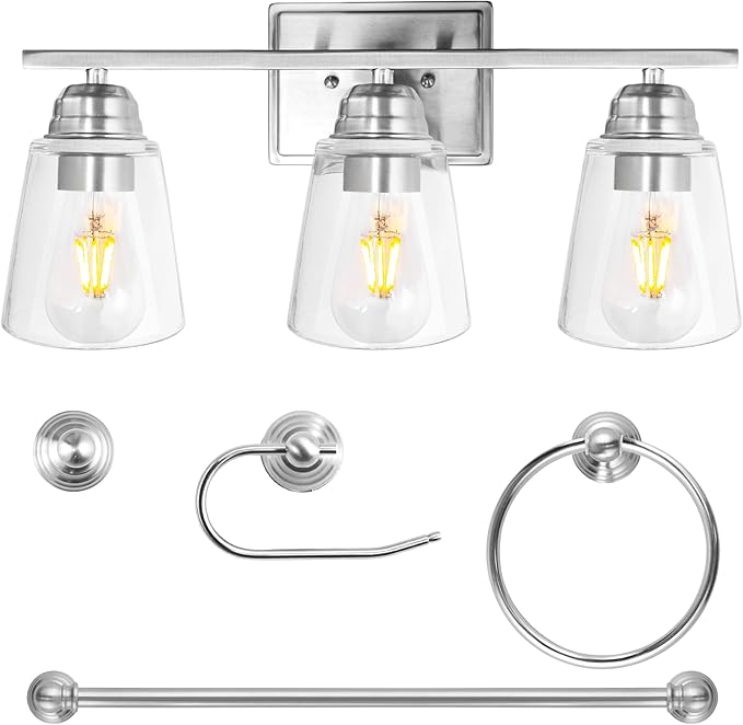 hykolity 3-Light Vanity Light Fixture, 5-Piece All-in-One Bathroom Set with Towel Bar, Ring, Robe Hook & Toilet Paper Holder for Bathroom Mirror Lighting, Brushed Nickel Wall Light with Glass Shade