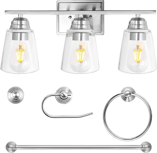hykolity 3-Light Vanity Light Fixture, 5-Piece All-in-One Bathroom Set with Towel Bar, Ring, Robe Hook & Toilet Paper Holder for Bathroom Mirror Lighting, Brushed Nickel Wall Light with Glass Shade