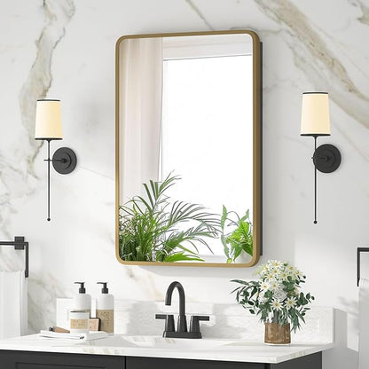 Bathroom Medicine Cabinet with Mirror 16 x 24 Inch, Brush Gold Medicine Cabinet Recessed or Surface Wall-Mounted, Mirrored Cabinets with 2 Adjustable Shelves for Bathroom Vanity