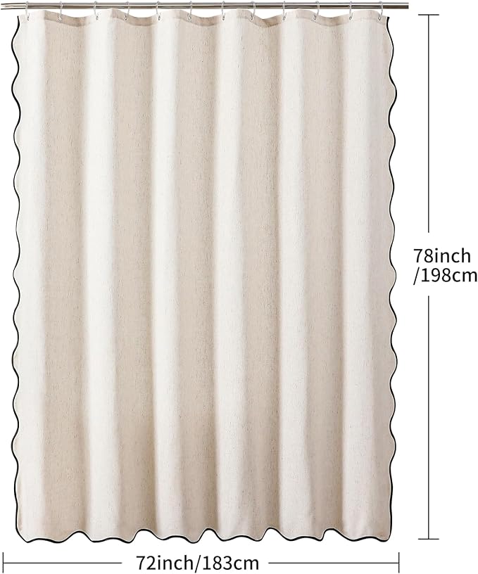 Linen Scallop Shower Curtain with 12 Clear Hooks, Waterproof, 72x78, Cream | Heavy Duty Waterproof Fabric with Black Border, Cute Modern Farmhouse Bathroom Décor