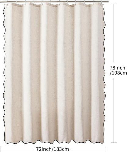 Linen Scallop Shower Curtain with 12 Clear Hooks, Waterproof, 72x78, Cream | Heavy Duty Waterproof Fabric with Black Border, Cute Modern Farmhouse Bathroom Décor