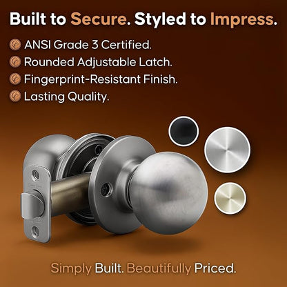 Copper Creek Passage Interior Door Knob – ANSI Grade-3 Certified, Modern Heavy Duty Handle, Easy Install and Reversible for Bedroom, Bathroom & Closets – Satin Stainless (2 Pack)