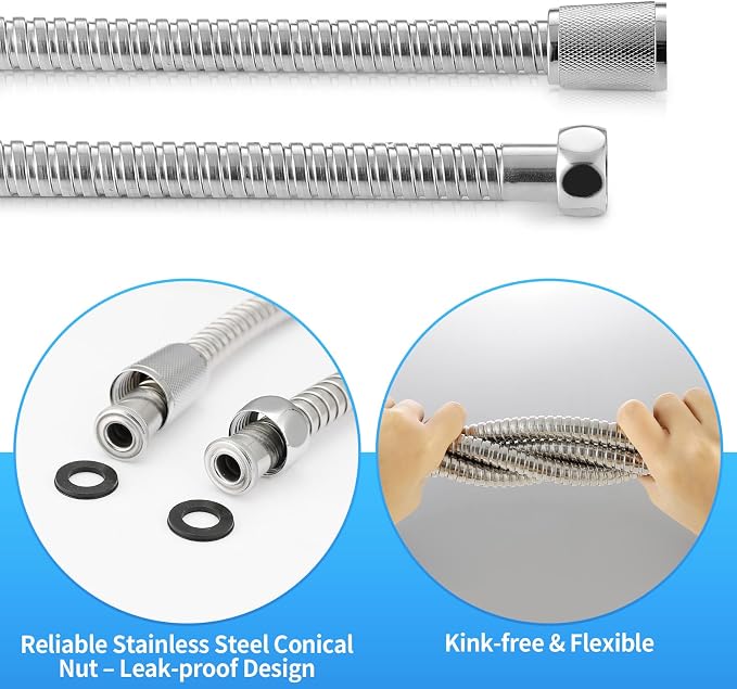 98" Metal Shower Hose Replacement Handheld Kink Free Stainless Steel Shower Head Wand Hose Extension Extra Long with Brass Insert and Nut, Durable & Flexible for Pet Bathing Cleaning