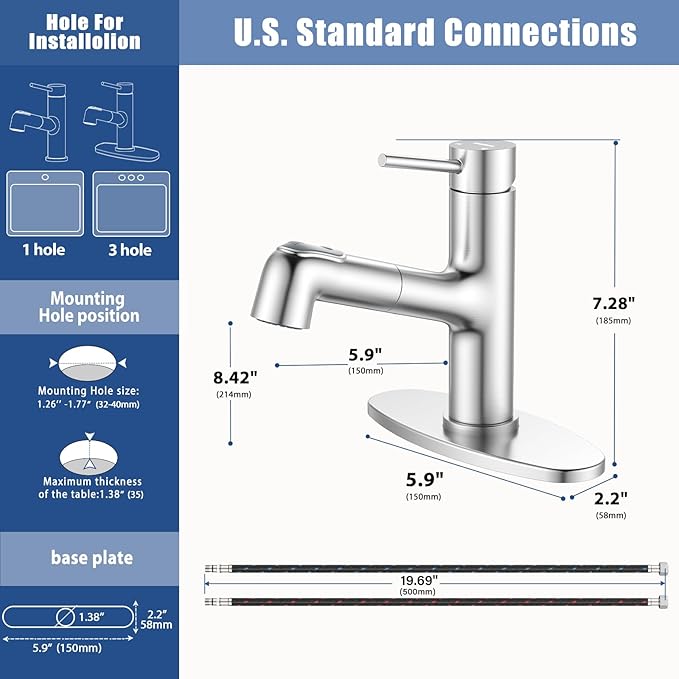 HURRAN Pull Out Bathroom Faucet, Single Handle Basin Mixer Tap with 2 Modes, Utility Sink Faucet with Deck Plate, Stainless Steel, Brushed Nickel