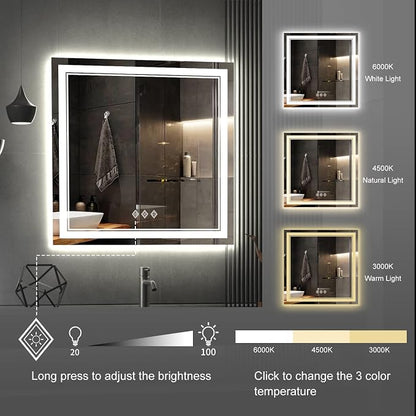 LED Bathroom Mirror, 32x32 Inch Gradient Front and Backlight Lighted Vanity Mirror, 3 Colors Dimmable CRI>90 Double Lights, IP54 Enhanced Anti-Fog, Hanging Plates Wall Mount Bathroom Mirror