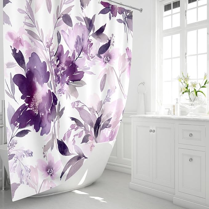 MAYZUS Extra Long Shower Curtain 72 x 84 Inch, Tall Purple Floral Decor | Lavender Watercolor Floral Modern Abstract Flower Bathroom Fabric Shower Curtain Set with Hooks