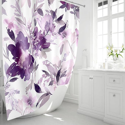 MAYZUS Purple Watercolor Floral Shower Curtains for Bathroom, 72x72 | Lavender Modern Abstract Ink Decorative Fabric Shower Curtain Set with Hooks