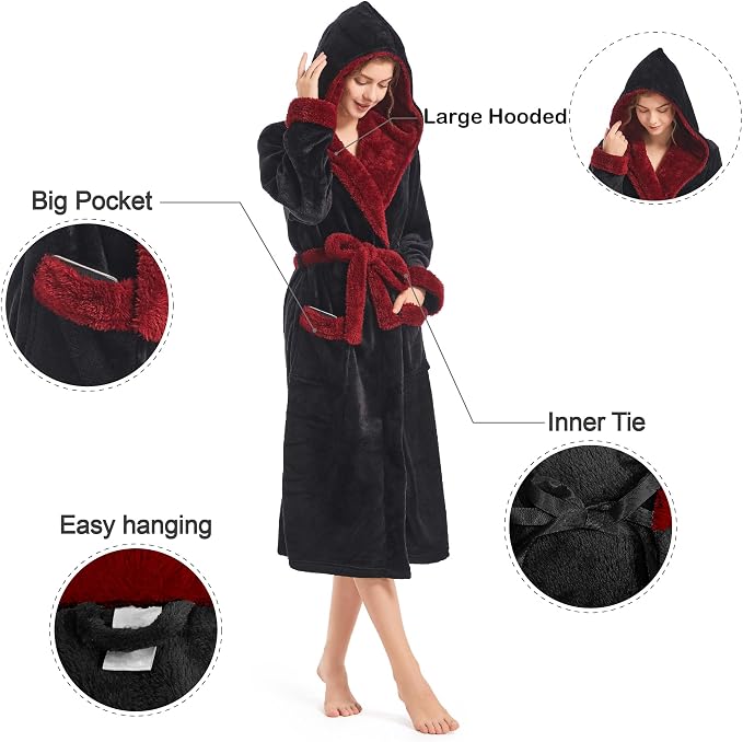 Inner Wish Women Hooded Plush Robe, Fleece Highly Absorbent Cozy Warm Bathrobe