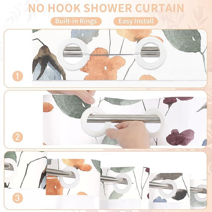 Litabel No Hook Ivory Watercolor Floral Shower Curtain and Liner Set, 36x74 | Spring Flower Shower Curtains with Snap-in Liner for Farmhouse Bathroom Decor, Botanical Bathroom Curtain with Leaves