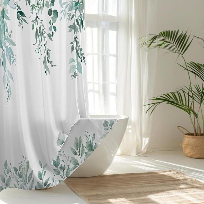 Teal Floral Eucalyptus Shower Curtain with Hooks, 72x72 Inch | Waterproof Fabric, Watercolor Leaves and Floral, Botanical Style, Machine Washable, Quick-Drying, for Hotel Bathroom