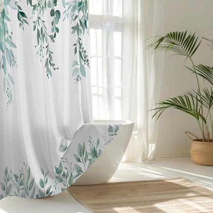 Teal Floral Eucalyptus Shower Curtain with Hooks, 72x72 Inch | Waterproof Fabric, Watercolor Leaves and Floral, Botanical Style, Machine Washable, Quick-Drying, for Hotel Bathroom