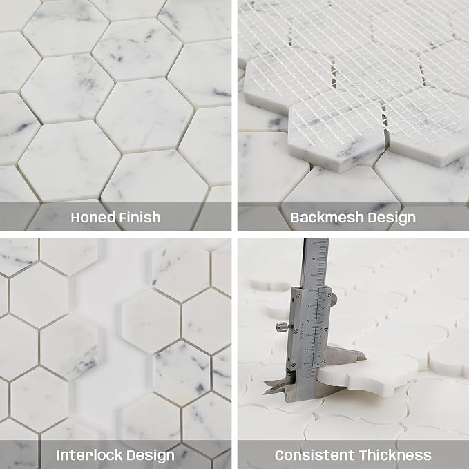 2 Inch Hexagon White Marble Mosaic Tile for Wall Floor, 5 Sheets | Water & Heat Resistant Honed Marble Backsplash Tiles for Kitchen Bathroom Fireplace Surround Durable Unique Veins 3.5SQFT