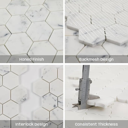 2 Inch Hexagon White Marble Mosaic Tile for Wall Floor, 5 Sheets | Water & Heat Resistant Honed Marble Backsplash Tiles for Kitchen Bathroom Fireplace Surround Durable Unique Veins 3.5SQFT