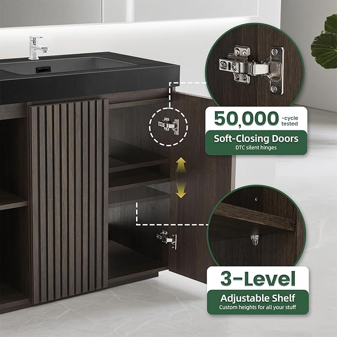 60" Bathroom Vanity with Double Sink, Freestanding Double Sink Bathroom Vanity with Black Engineered Stone Top, Open Storage Cabinet & Adjustable Shelf, 4 Soft-Closing Doors, Smoked Oak Brown