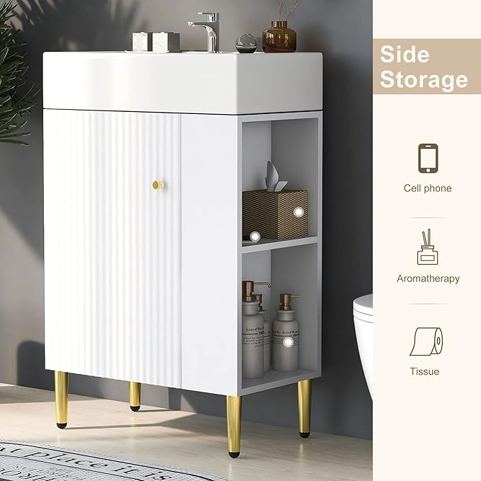 21.6 in Small Bathroom Vanity with Sink,Doors and Storage Shelves,Wood Modern Single Fluted Bathroom Sink Cabinet Freestanding (White,Right Shelf)
