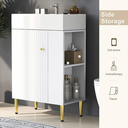 21.6 in Small Bathroom Vanity with Sink,Doors and Storage Shelves,Wood Modern Single Fluted Bathroom Sink Cabinet Freestanding (White,Right Shelf)