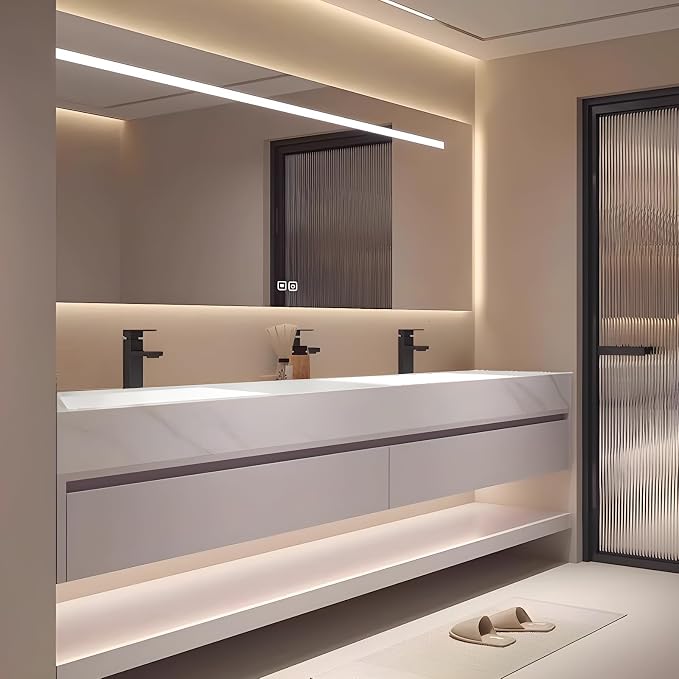88" Bathroom Vanity with Sink, Double Sink Bathroom Vanity with Smart LED Defog Mirror Cabinet, Ceramic Sink Waterproof Wall Mounted Floating, Soft Closing, Fully Pre-Assembled, Ample Storage