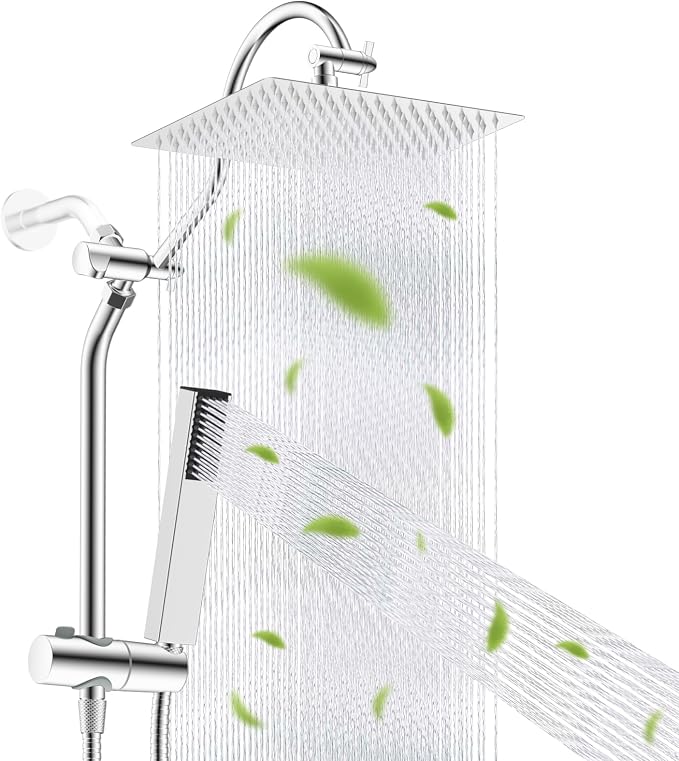 Hibbent 12'' Rainfall Shower Head with 4-mode Handheld Shower Spray, Chrome | cUPC Certified High Pressure Showerhead Combo, 12'' Adjustable Extension Arm, Extension Bar, Easy Reach Holder, 71'' Hose