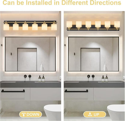6 Light Modern Bathroom Light Fixtures Over Mirror, Black Gold Vanity Lights for Bathroom Wall Sconces with Milky White Glass Shades, E26 Socket (Bulbs Not Included)