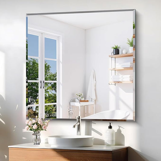 KOCUUY Beveled Mirror, 42x42 Inch Large Frameless Square Bathroom Mirror for Over Sink, Upgraded Shatterproof Beveled Unframed Design Mirror for Bathroom, Bedroom, Hang Horizontal/Vertical