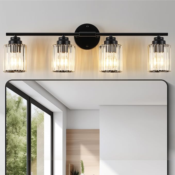 29.1" Black Vanity Light, 4-Light Bathroom Light Fixtures with Clear Crystal Shades, E26 Base Modern Black Wall Sconce, Vanity Lights for Bathroom Powder Room Bedroom Hallway
