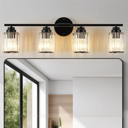 29.1" Black Vanity Light, 4-Light Bathroom Light Fixtures with Clear Crystal Shades, E26 Base Modern Black Wall Sconce, Vanity Lights for Bathroom Powder Room Bedroom Hallway