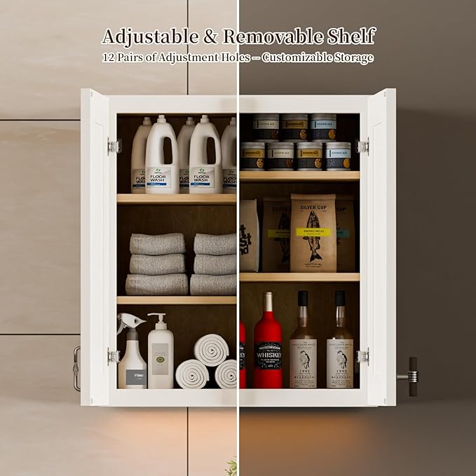 Kisart Laundry Room Cabinets Wall Mounted with Doors & Shelves, Solid Wood RTA Medicine Storage Cabinet, 24Wx30Hx12D Inch White Shaker Hanging Cupboard, Space-Saving for Kitchen, Bathroom, Garage