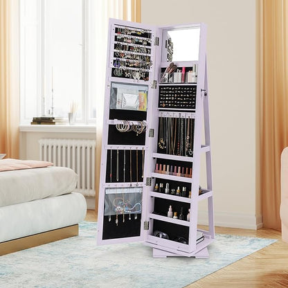 LOKO 360° Rotating Jewelry Armoire, Freestanding Jewelry Cabinet with Inside Makeup Mirror, 2-in-1 Lockable Jewelry Organizer w/Full-Length Mirror for Women (Lavender)