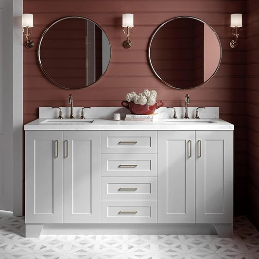 ARIEL Taylor 66-inch Bathroom Vanity with Sink,Solid Wood, 1.5-inch Carrara White Quartz Countertop & Backsplash, Double Rectangular Porcelain Sink, 4 Soft Closing Doors, 5 Dovetail Drawers, Grey