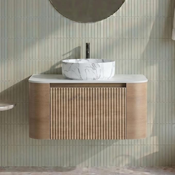 30" Preassembled Floating Bathroom Vanity with Carrara Finish Sink, Oak | Mid-Century Modern Style, Fluted & Soft-Close Drawer with U-shaped Wall, Sinterted Stone Countertop, Towel Rack Included