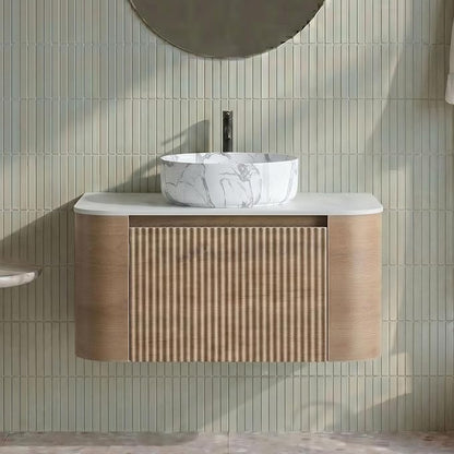 30" Preassembled Floating Bathroom Vanity with Carrara Finish Sink, Oak | Mid-Century Modern Style, Fluted & Soft-Close Drawer with U-shaped Wall, Sinterted Stone Countertop, Towel Rack Included