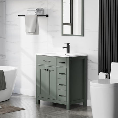 LUCKWIND 30" Modern Bathroom Vanity with Sink Combo, Contemporary Painted Storage Cabinet and Single White Sink, Include Soft-Closing Doors & Matte Black Faucet, Green