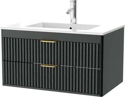 30 Inch Floating Bathroom Vanity with Sink, Bathroom Wall Cabinet with 2 Fluted Drawers & Metal Handle, Wall Mounted Cabinet for Bathrooms (Black, 30 inch, with Sink)
