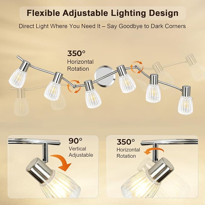 HiBay 6-Light Track Lighting, Flexible Ceiling Light Fixture w/Glass Shade | Modern Chrome Track Spot Lights Indoor for Kitchen, Living Room, Bedroom, Home Office, E12 Base, No Bulbs