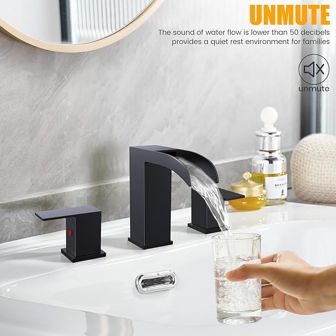 Black Bathroom Sink Faucet 3 Hole - Waterfall Bathroom Faucet 8 Inch Widespread Matte Black Faucet Bathroom 2-Handles Modern Vanity Faucets with Overflow Pop Up Drain & Supply Lines