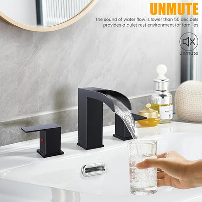 Black Bathroom Sink Faucet 3 Hole - Waterfall Bathroom Faucet 8 Inch Widespread Matte Black Faucet Bathroom 2-Handles Modern Vanity Faucets with Overflow Pop Up Drain & Supply Lines