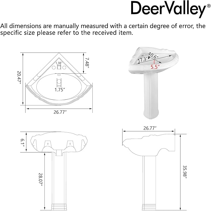 DeerValley White Triangle Corner Pedestal Sink with Overflow, Space-Saving Ceramic Bathroom Sink for Small Spaces and Corner Installation