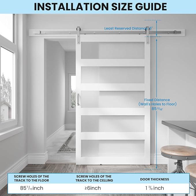 48in x 84in White Sliding Glass Barn Door with 5-Panel Frosted Glass | with 8ft Brushed Nickel Hardware Kit & Handle, Pre-Drilled Holes Easy Assembly, Covered with Water-Proof PVC Surface