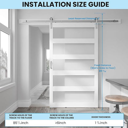 48in x 84in White Sliding Glass Barn Door with 5-Panel Frosted Glass | with 8ft Brushed Nickel Hardware Kit & Handle, Pre-Drilled Holes Easy Assembly, Covered with Water-Proof PVC Surface