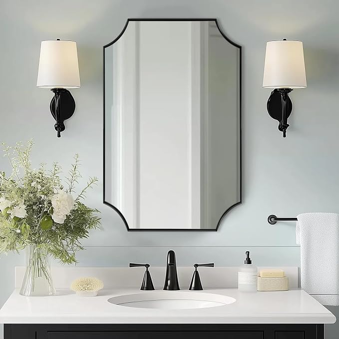 20"x30" Bathroom Mirror, Matte Black Vanity Mirror, Scalloped Rectangle Mirror in Premium Stainless Steel Frame, Scalloped Corners Design, Compact Size Ideal for Small Bathroom Remodel