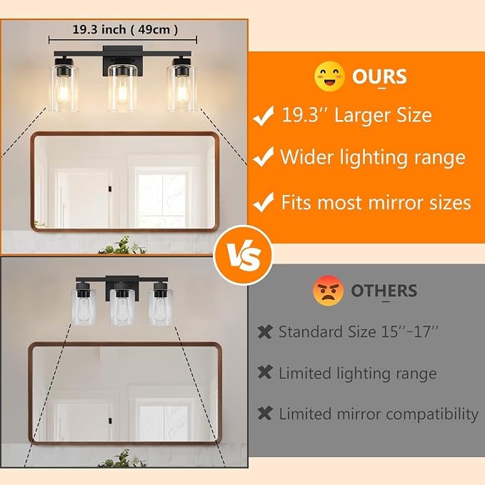 19” Bathroom Light Fixtures Over Mirror,3-Light Black Vanity Light | Square Clear Glass & Durable Metal, Quick & Easy Installation, Standard E26 Socket, Bright Bathroom Lighting