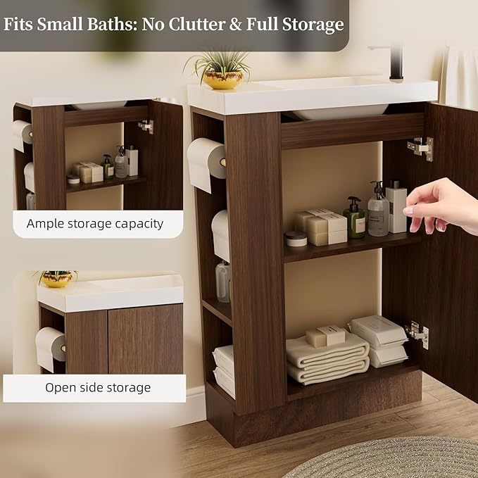 20" Small Bathroom Vanity with Sink Narrow Depth Bathroom Vanities,Wood Vanity Cabinet,Soft Closing Door,Adjustable Shelves,Modern Wall Decor,Walnut