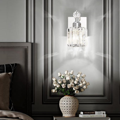 PRESDE Single Crystal Wall Sconce, Modern Chrome Vanity Light Fixture, 1-Light Wall Lamp for Bathroom Bedroom Hallway