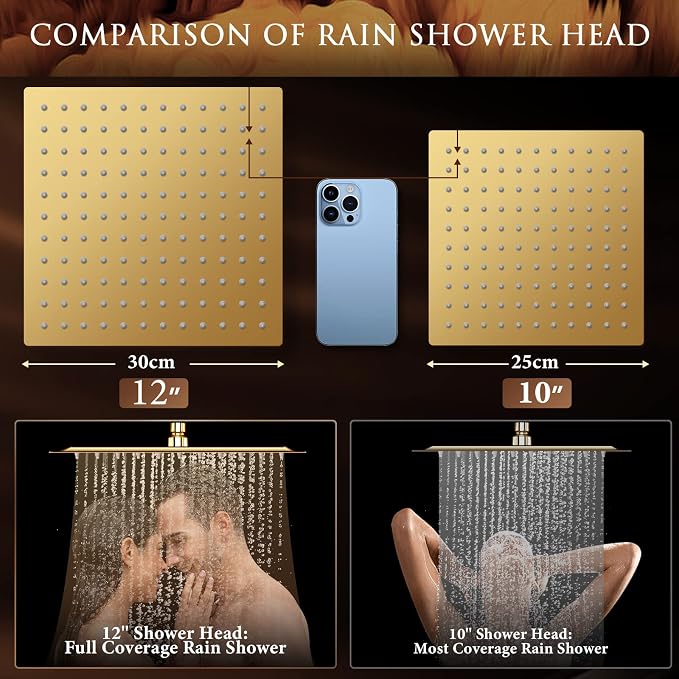 12'' Gold Shower Head with 11'' Extension Arm and 5 Setting Handheld shower | High Pressure Rainfall Shower Head Combo with Handheld, High Pressure Rain Showerhead with 60 Inch Shower Hose. Anti-Leak