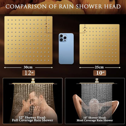 12'' Gold Shower Head with 11'' Extension Arm and 5 Setting Handheld shower | High Pressure Rainfall Shower Head Combo with Handheld, High Pressure Rain Showerhead with 60 Inch Shower Hose. Anti-Leak