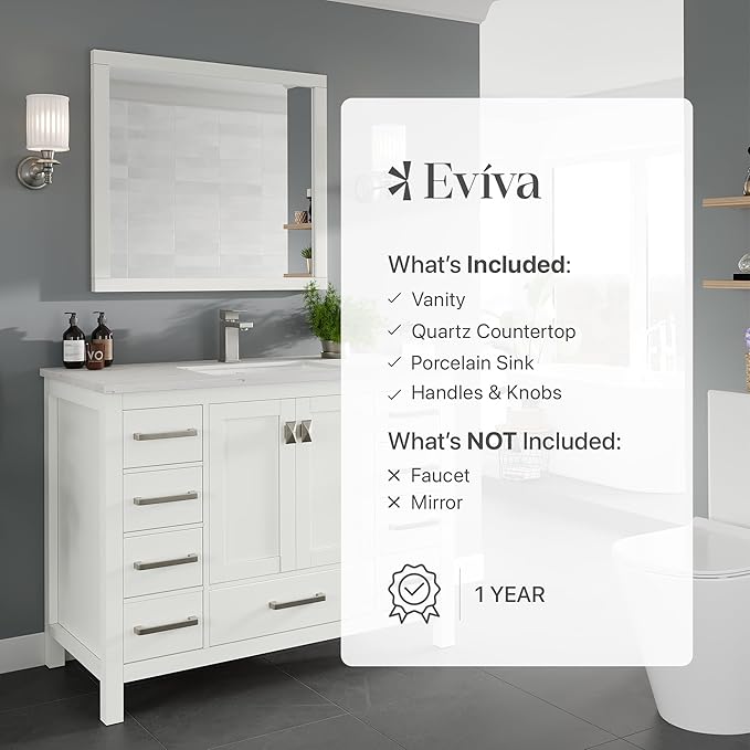 Eviva London 42 Inch Vanity with Top – Bath Vanity with Sink and Countertop, White Bathroom Sink Cabinet with Quartz Countertop and Porcelain Single Sink for Modern Bathrooms