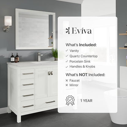 Eviva London 42 Inch Vanity with Top – Bath Vanity with Sink and Countertop, White Bathroom Sink Cabinet with Quartz Countertop and Porcelain Single Sink for Modern Bathrooms