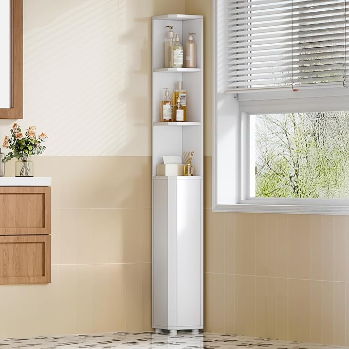 Corner Cabinet, Tall Bathroom Corner Cabinet with Doors, Narrow Storage Cabinets with Adjustable Shelves, Bathroom Organizers and Storage for Small Space, White BC30003X