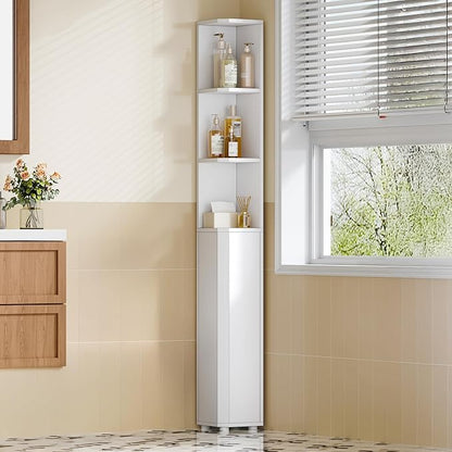 Corner Cabinet, Tall Bathroom Corner Cabinet with Doors, Narrow Storage Cabinets with Adjustable Shelves, Bathroom Organizers and Storage for Small Space, White BC30003X