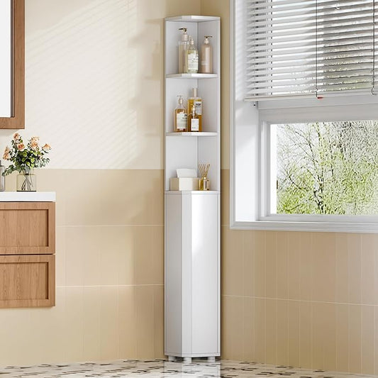 Corner Cabinet, Tall Bathroom Corner Cabinet with Doors, Narrow Storage Cabinets with Adjustable Shelves, Bathroom Organizers and Storage for Small Space, White BC30003X